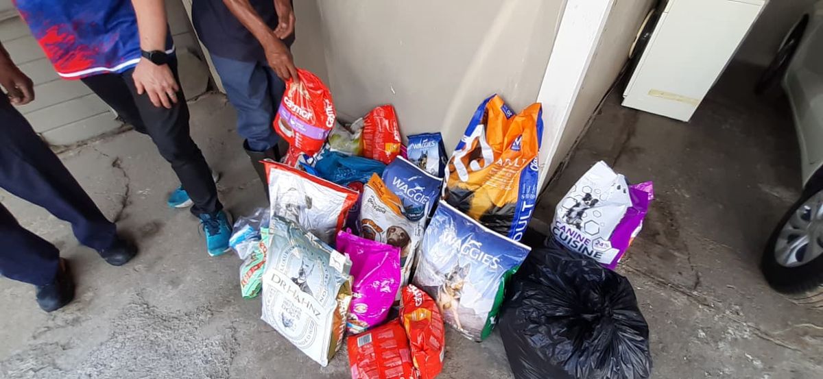 Bags of dog and cat food collected at the Grog Jog